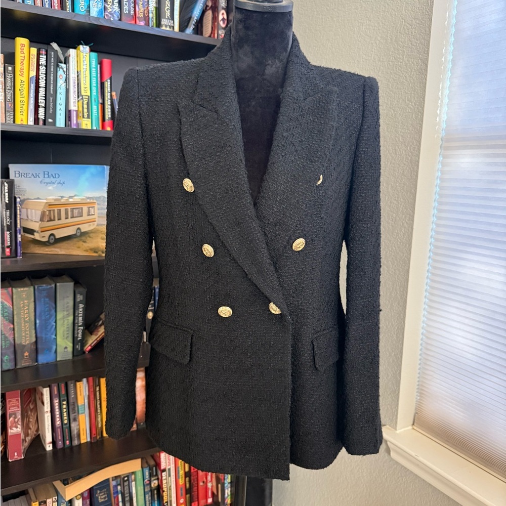 Chanel vibes with this Zara Black Tweed Blazer with Gold Buttons
